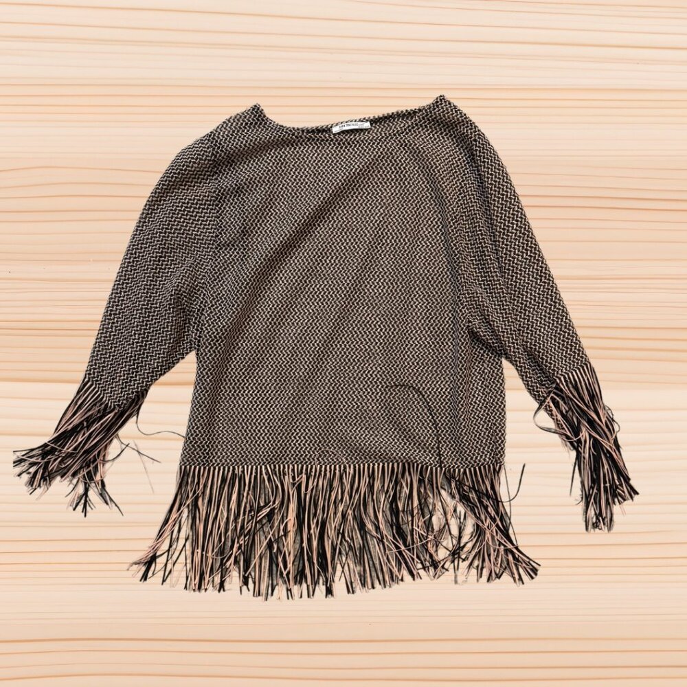 Zara Trafaluc Fringe Hem Knit Sweater – Size Small